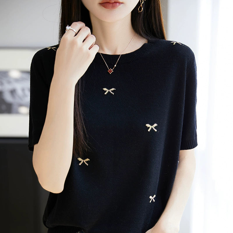 Knitted wool round neck sweater short sleeved T-shirt women's embroidered bow tie