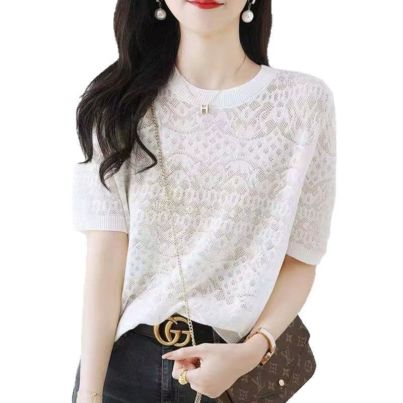 Ladies' hollowed out ice silk T-shirt summer thin casual white short sleeved top
