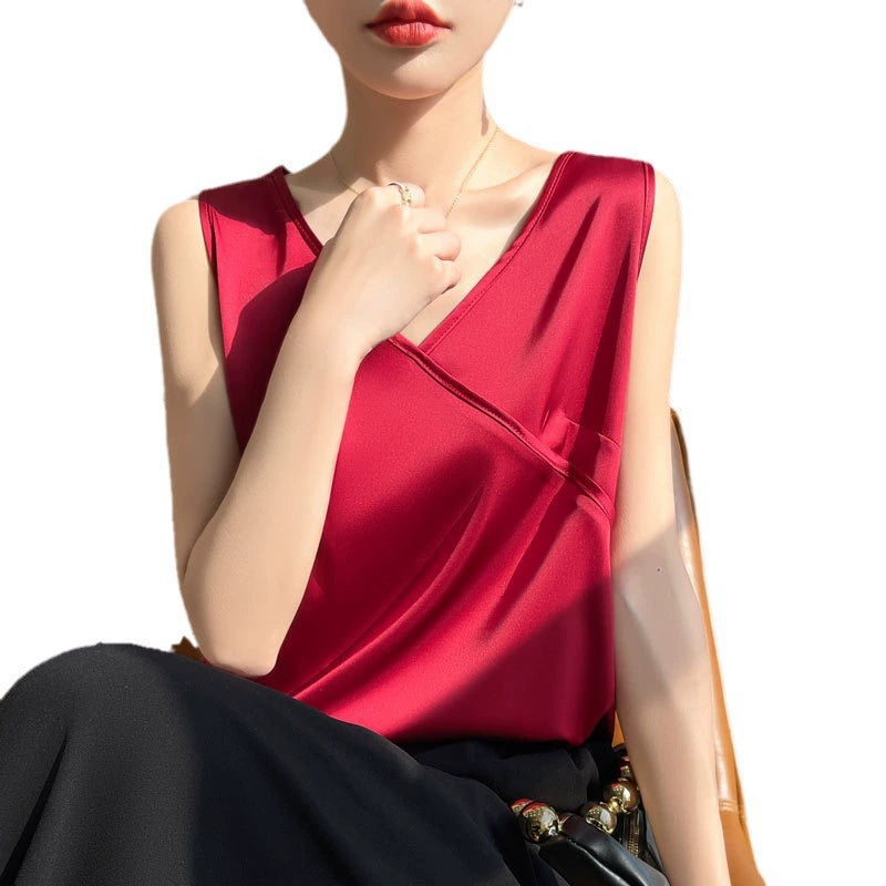 Ladies' silk camisole cross V-neck sleeveless loose fitting acetate satin T-shirt