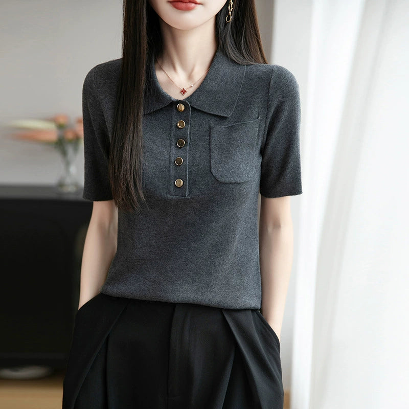 New Ice Silk Polo Collar Knitted Shirt Short Sleeve Women's T-shirt