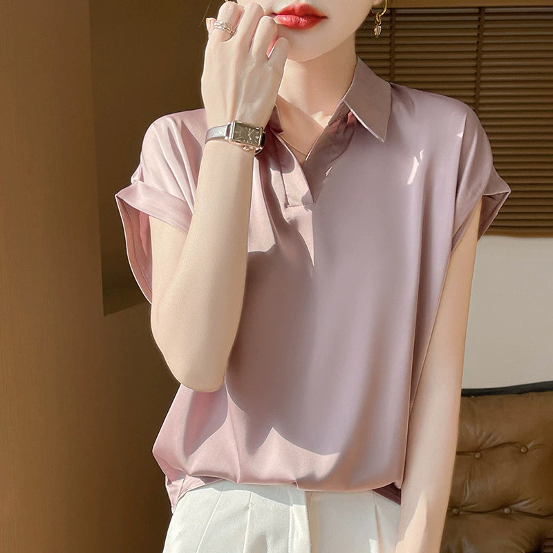 New satin short sleeved shirt for women, casual, fashionable and versatile French shirt