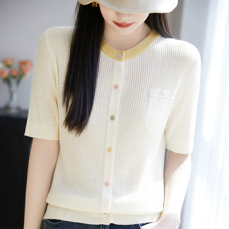 New style spun wool round neck knitted cardigan short sleeved button with loose color matching