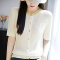New style spun wool round neck knitted cardigan short sleeved button with loose color matching