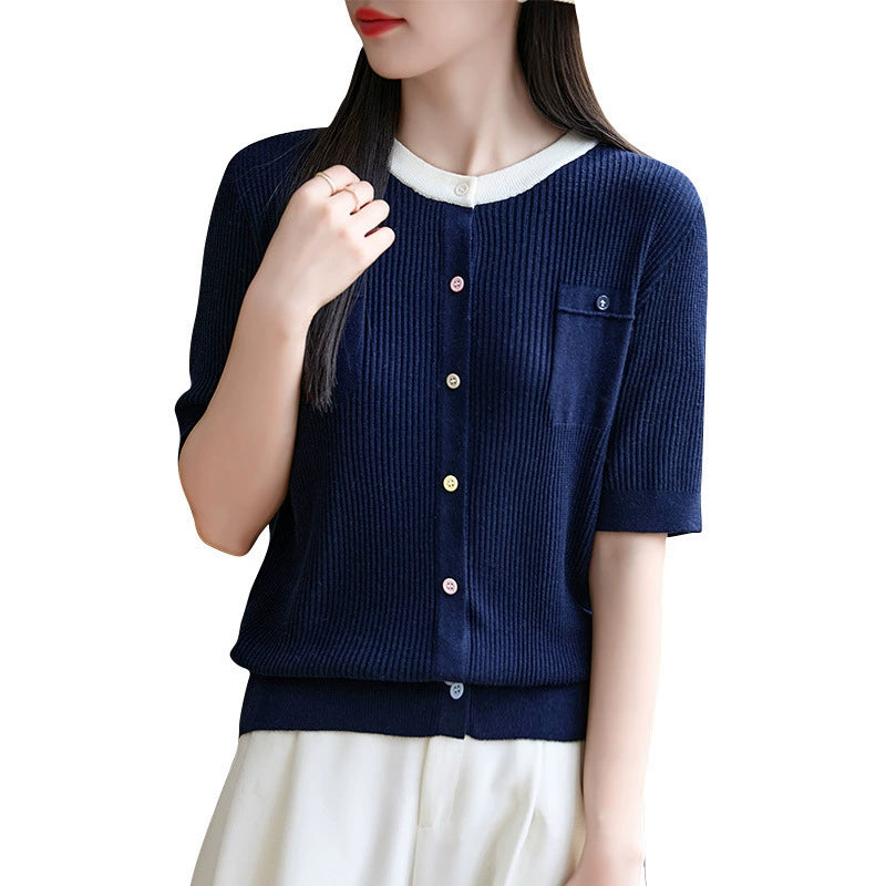New style spun wool round neck knitted cardigan short sleeved button with loose color matching