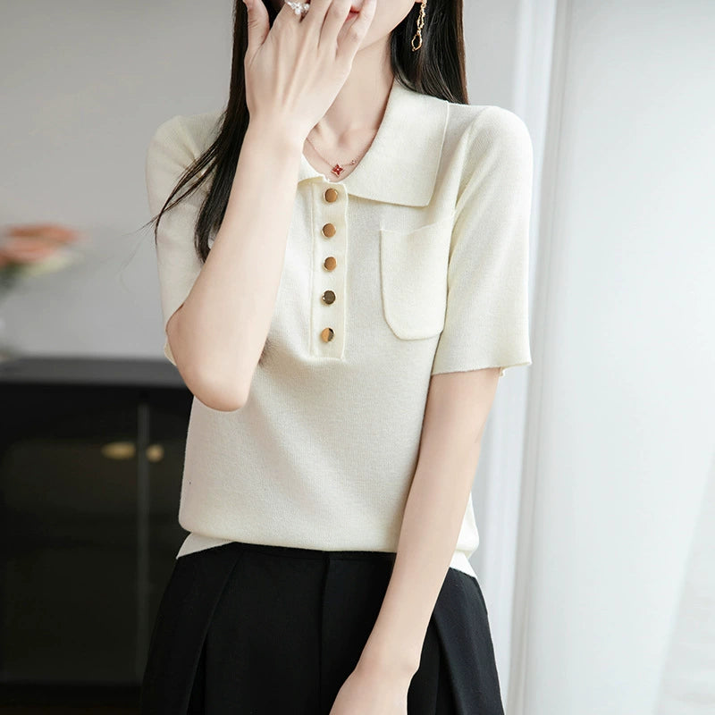 New Ice Silk Polo Collar Knitted Shirt Short Sleeve Women's T-shirt