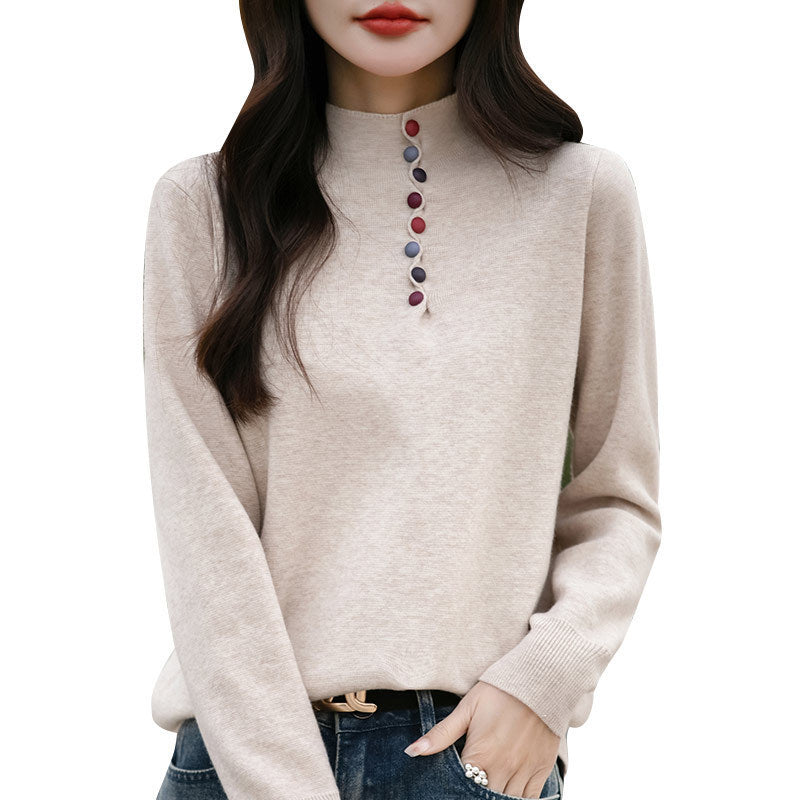 Korean style small stand up collar color buckle pullover versatile warm sweater casual loose versatile soft glutinous knitted top