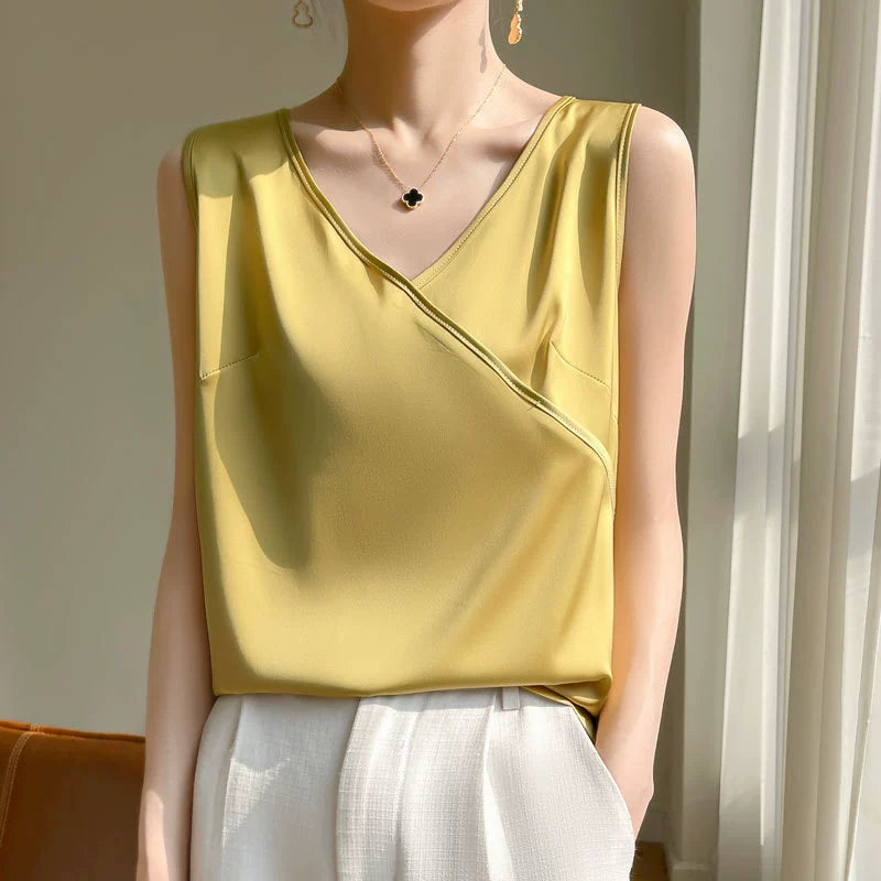 Ladies' silk camisole cross V-neck sleeveless loose fitting acetate satin T-shirt