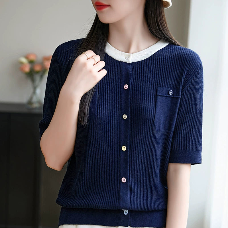 New style spun wool round neck knitted cardigan short sleeved button with loose color matching
