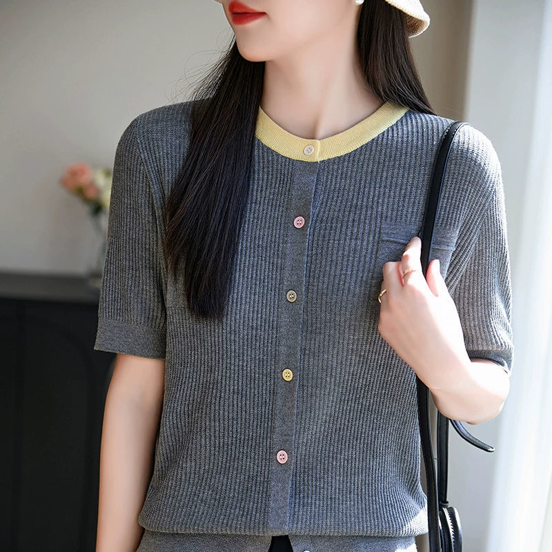 New style spun wool round neck knitted cardigan short sleeved button with loose color matching