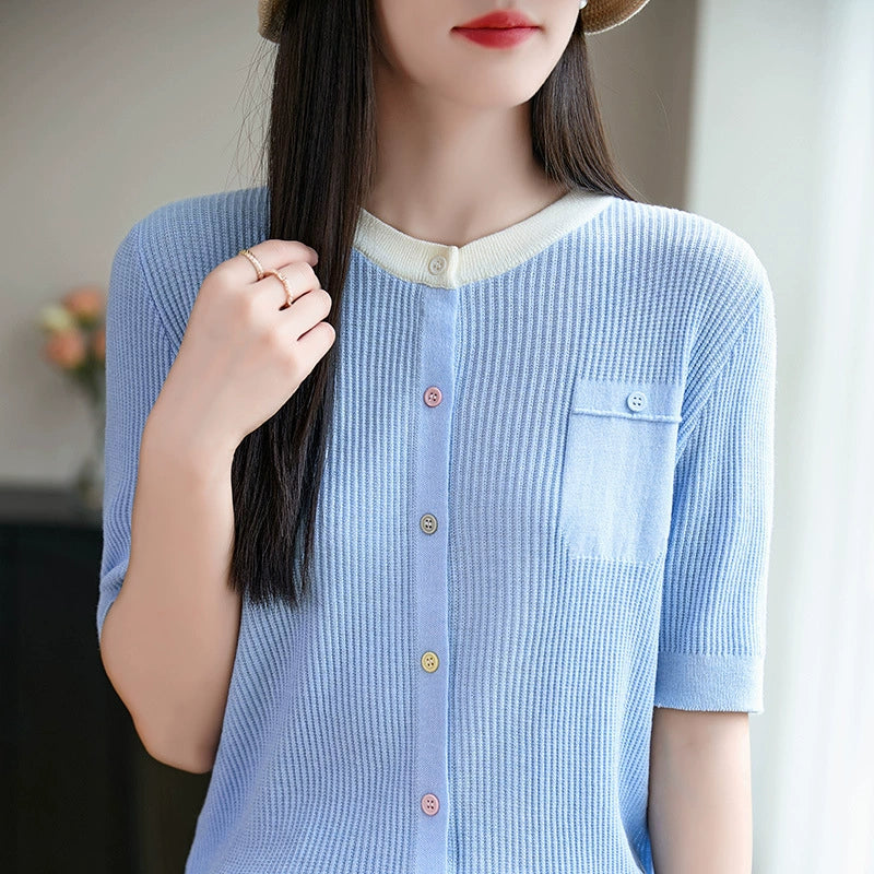 New style spun wool round neck knitted cardigan short sleeved button with loose color matching
