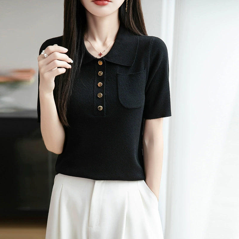 New Ice Silk Polo Collar Knitted Shirt Short Sleeve Women's T-shirt