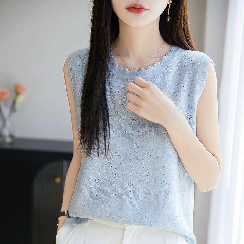 Women's woven wool lace round neck knitted vest with hollowed out jacquard sleeveless base sweater