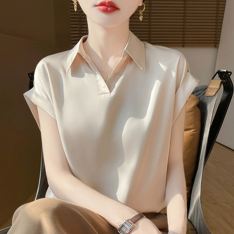 New satin short sleeved shirt for women, casual, fashionable and versatile French shirt
