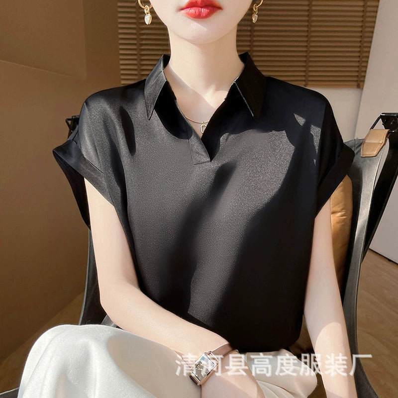 New satin short sleeved shirt for women, casual, fashionable and versatile French shirt