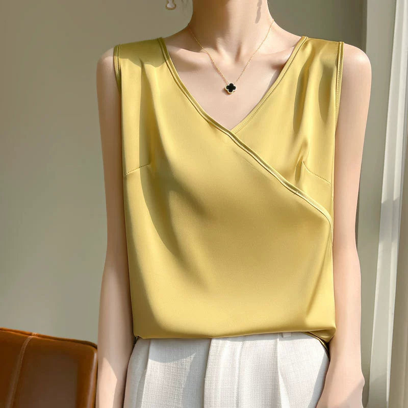 Ladies' silk camisole cross V-neck sleeveless loose fitting acetate satin T-shirt