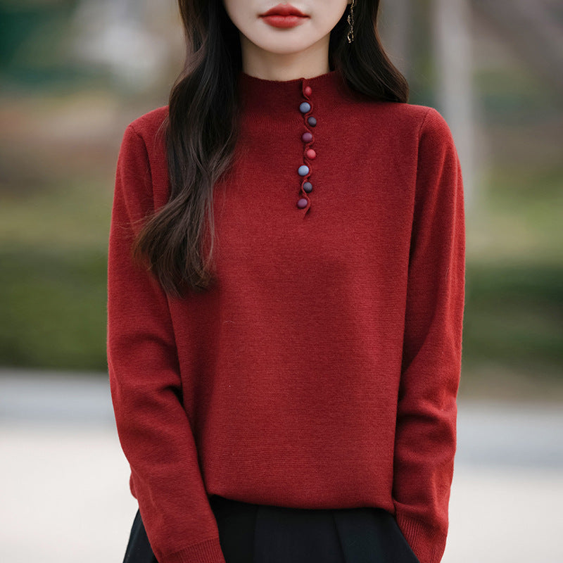 Korean style small stand up collar color buckle pullover versatile warm sweater casual loose versatile soft glutinous knitted top