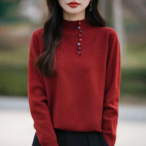 Korean style small stand up collar color buckle pullover versatile warm sweater casual loose versatile soft glutinous knitted top