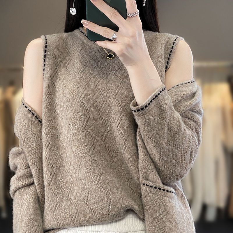 New handmade crochet top with 100% wool sweater loose vest cardigan two-piece sweater set