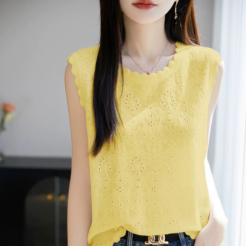Women's woven wool lace round neck knitted vest with hollowed out jacquard sleeveless base sweater