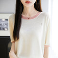 Summer New Knitted Wool Round Neck Knitted Shirt Short Sleeve T-shirt Women's Color blocked Loose and Versatile Match