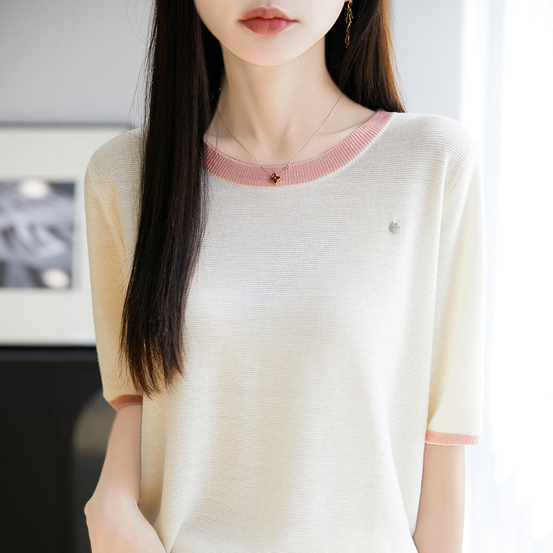 Summer New Knitted Wool Round Neck Knitted Shirt Short Sleeve T-shirt Women's Color blocked Loose and Versatile Match