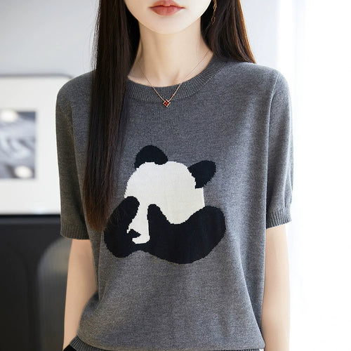 Knitted wool round neck sweater short sleeved T-shirt women's embroidered bow tie