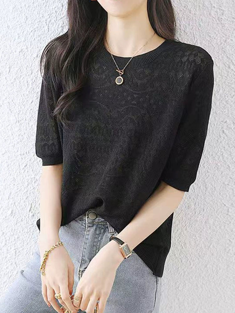 Ladies' hollowed out ice silk T-shirt summer thin casual white short sleeved top