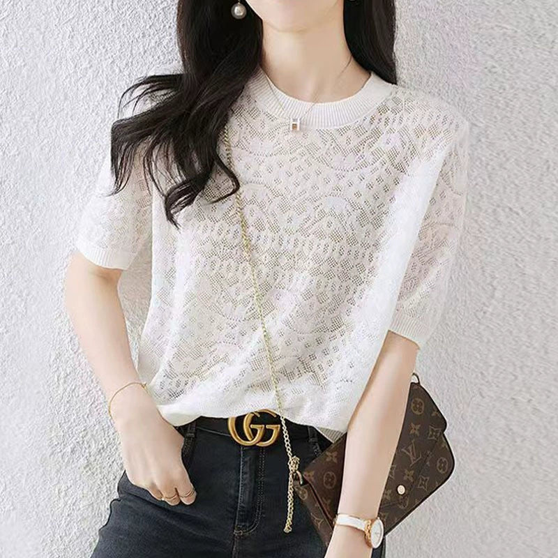 Ladies' hollowed out ice silk T-shirt summer thin casual white short sleeved top