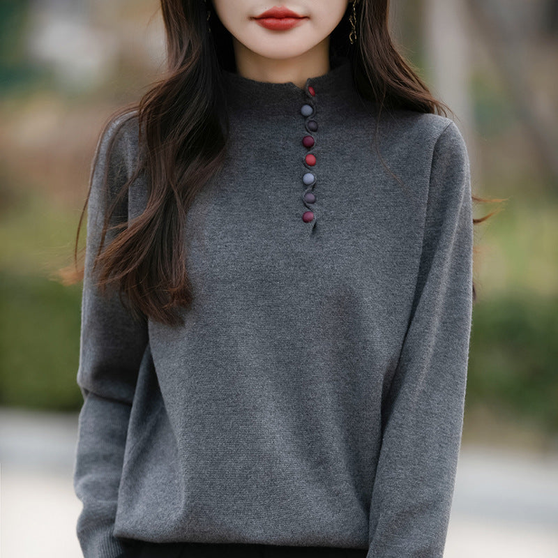 Korean style small stand up collar color buckle pullover versatile warm sweater casual loose versatile soft glutinous knitted top