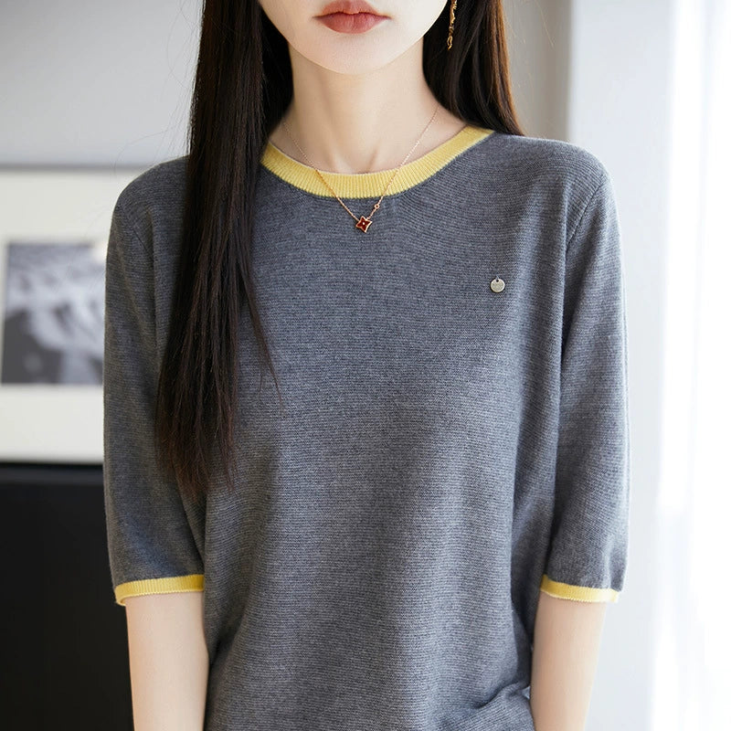 Summer New Knitted Wool Round Neck Knitted Shirt Short Sleeve T-shirt Women's Color blocked Loose and Versatile Match