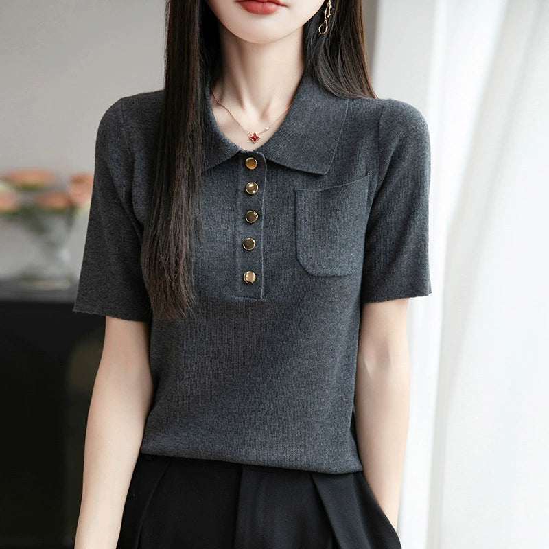 New Ice Silk Polo Collar Knitted Shirt Short Sleeve Women's T-shirt