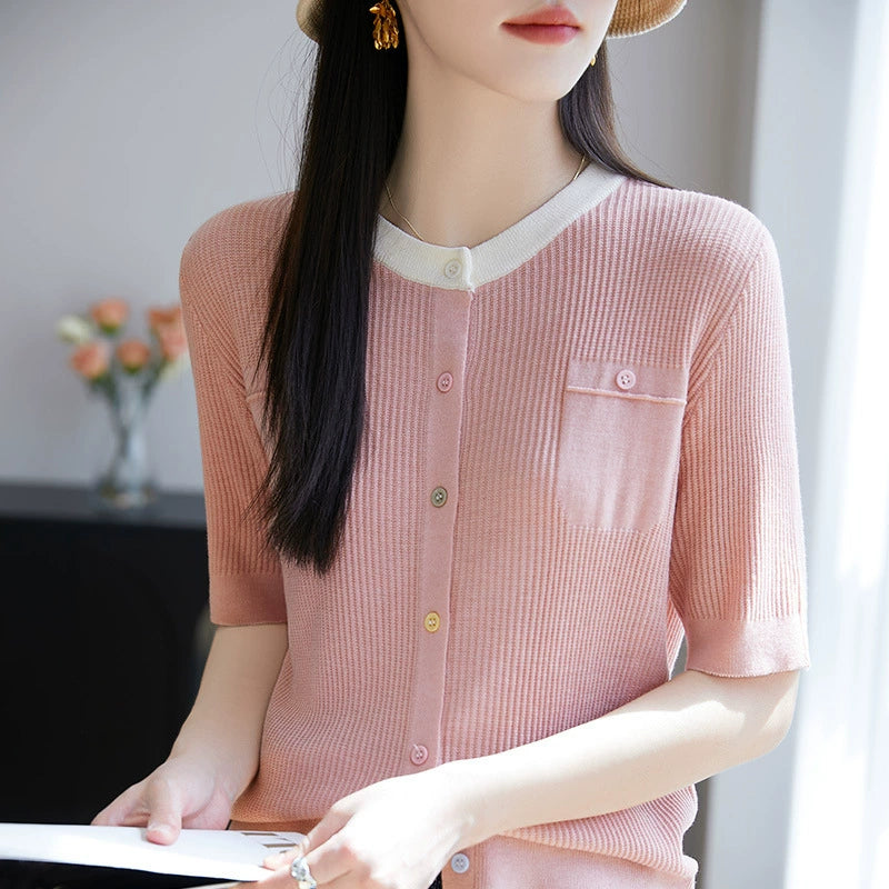 New style spun wool round neck knitted cardigan short sleeved button with loose color matching