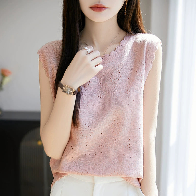 Women's woven wool lace round neck knitted vest with hollowed out jacquard sleeveless base sweater