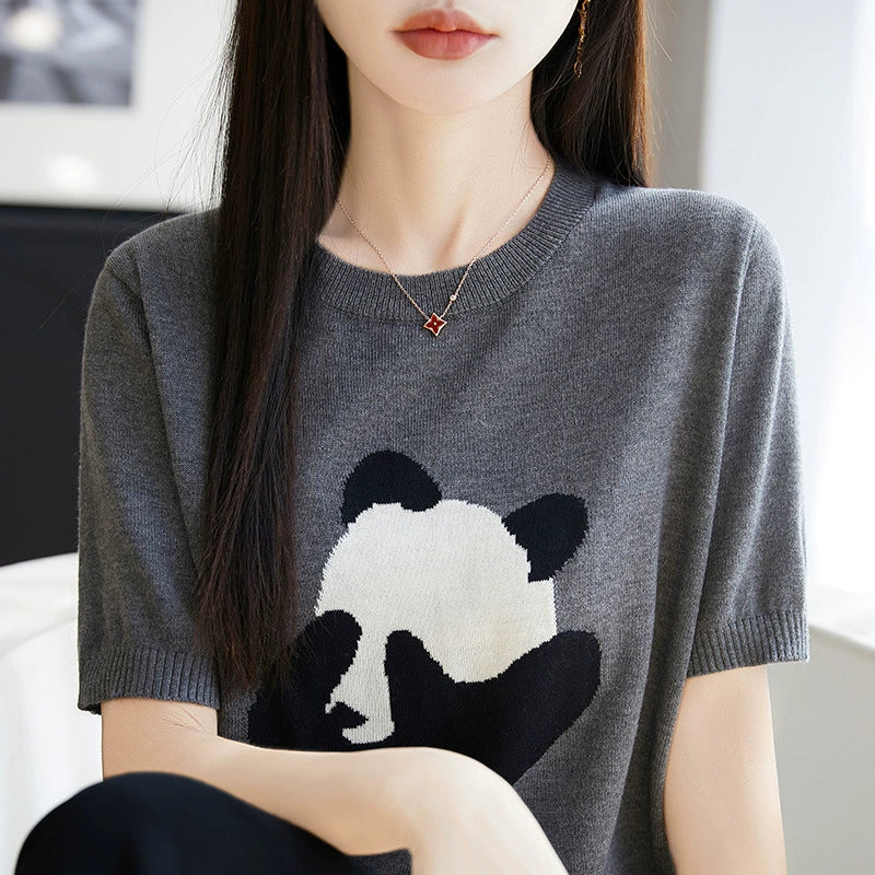 Knitted wool round neck sweater short sleeved T-shirt women's embroidered bow tie