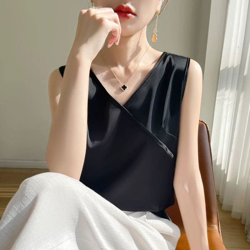 Ladies' silk camisole cross V-neck sleeveless loose fitting acetate satin T-shirt