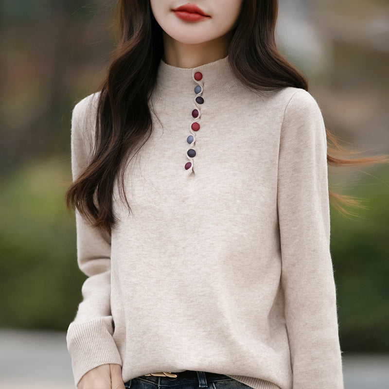Korean style small stand up collar color buckle pullover versatile warm sweater casual loose versatile soft glutinous knitted top