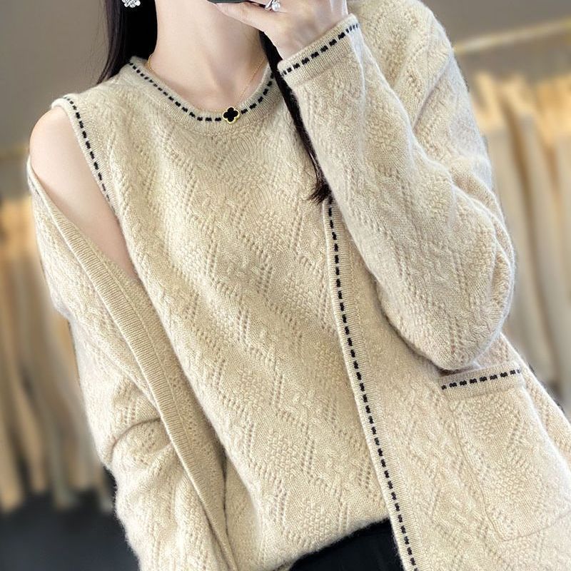 New handmade crochet top with 100% wool sweater loose vest cardigan two-piece sweater set