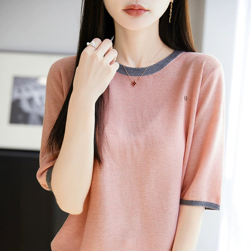 Summer New Knitted Wool Round Neck Knitted Shirt Short Sleeve T-shirt Women's Color blocked Loose and Versatile Match
