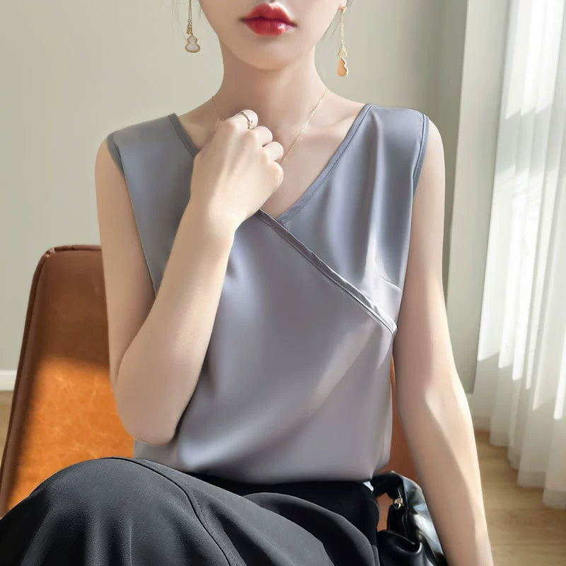 Ladies' silk camisole cross V-neck sleeveless loose fitting acetate satin T-shirt