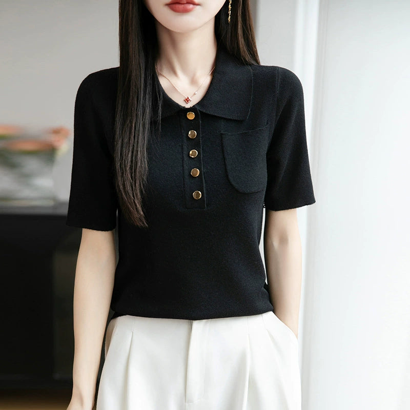New Ice Silk Polo Collar Knitted Shirt Short Sleeve Women's T-shirt