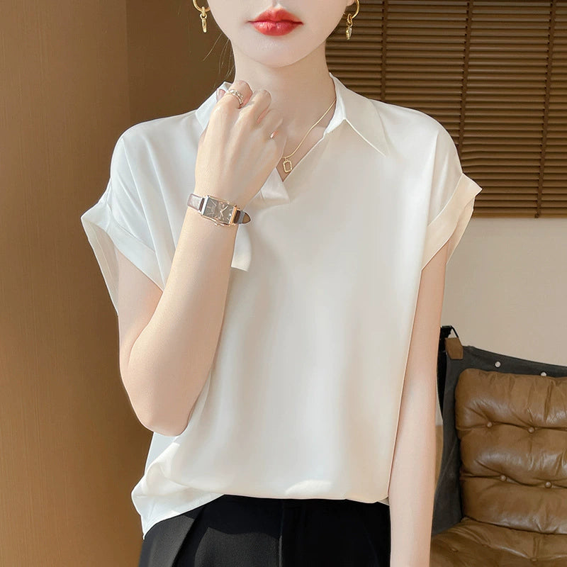 New satin short sleeved shirt for women, casual, fashionable and versatile French shirt