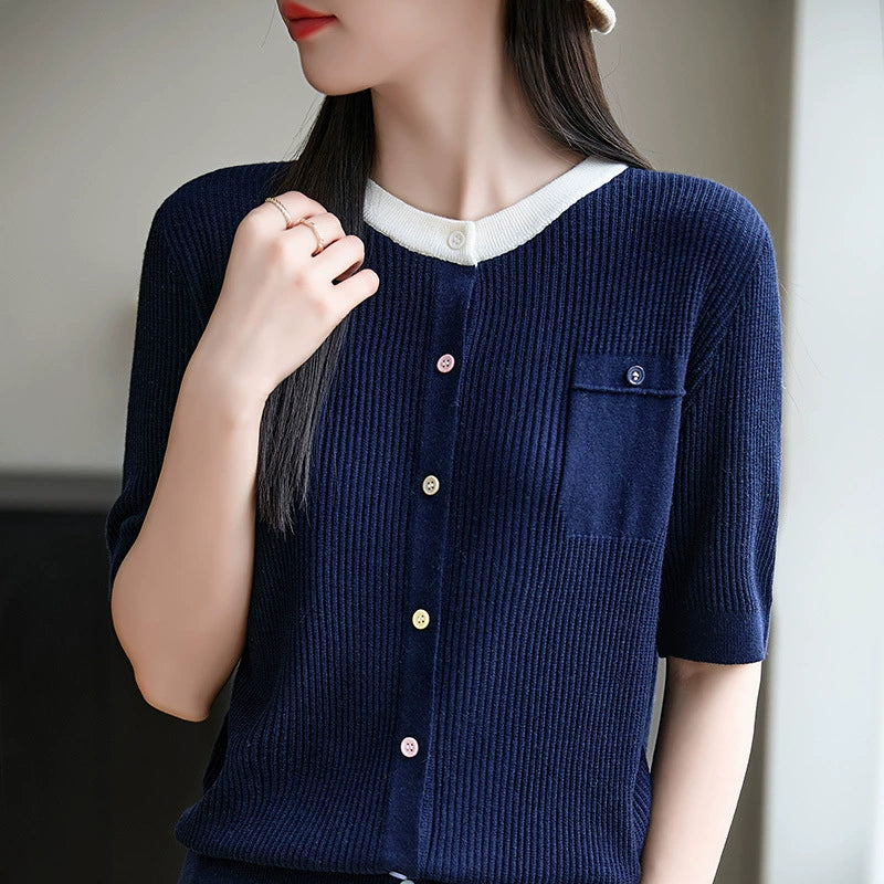 New style spun wool round neck knitted cardigan short sleeved button with loose color matching