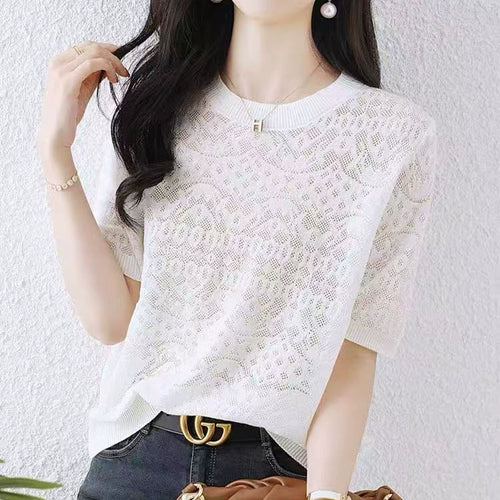 Ladies' hollowed out ice silk T-shirt summer thin casual white short sleeved top