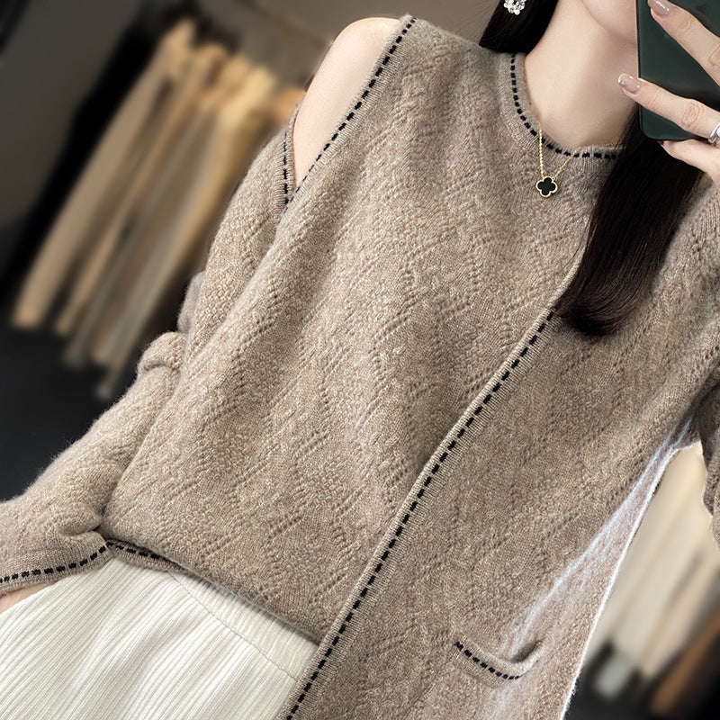 New handmade crochet top with 100% wool sweater loose vest cardigan two-piece sweater set