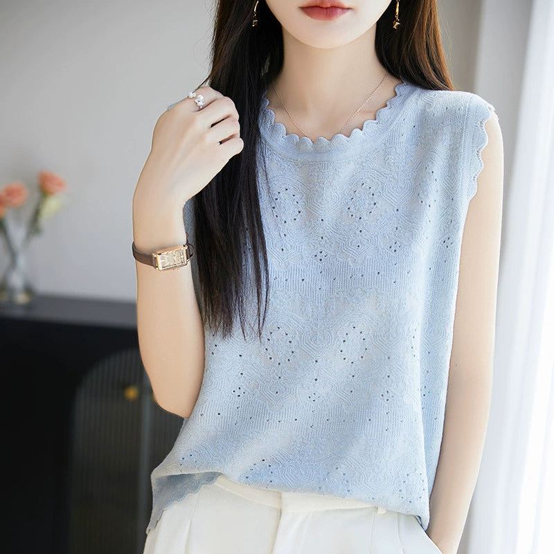 Women's woven wool lace round neck knitted vest with hollowed out jacquard sleeveless base sweater