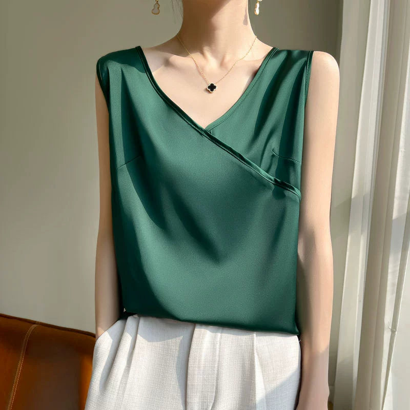 Ladies' silk camisole cross V-neck sleeveless loose fitting acetate satin T-shirt