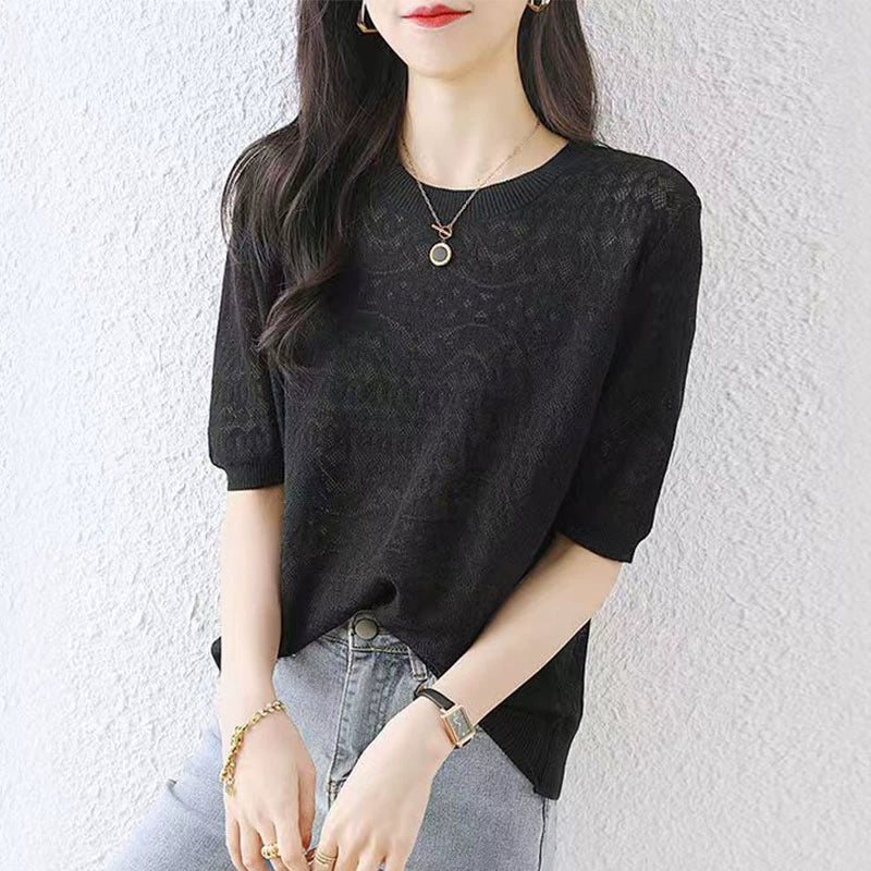 Ladies' hollowed out ice silk T-shirt summer thin casual white short sleeved top
