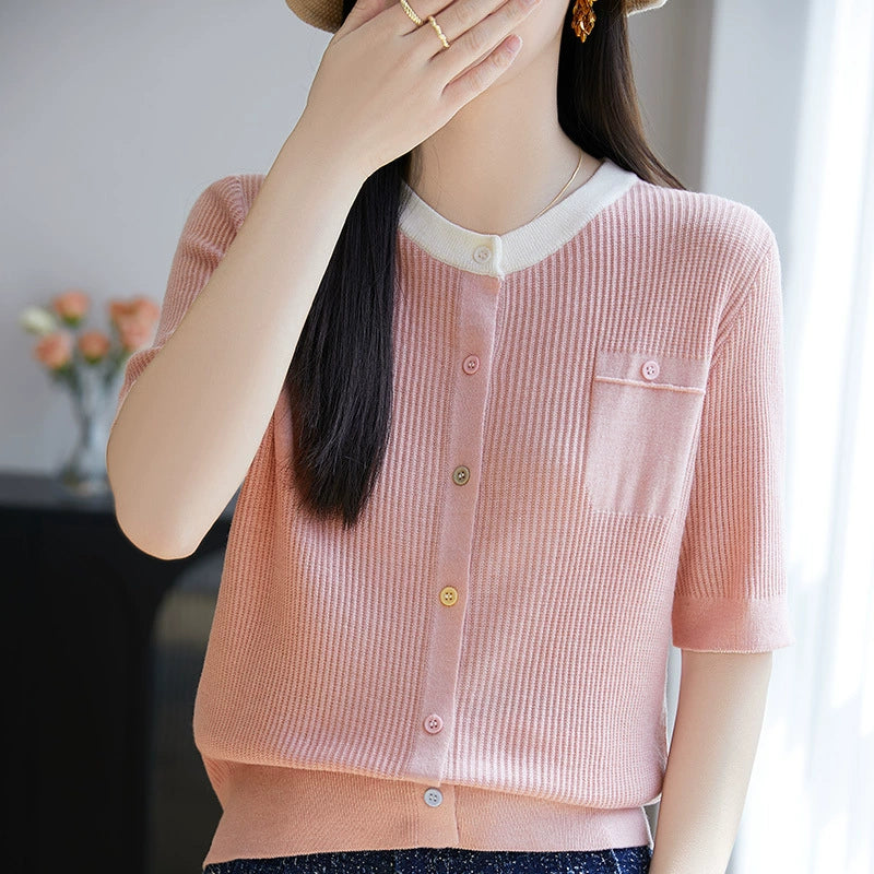 New style spun wool round neck knitted cardigan short sleeved button with loose color matching