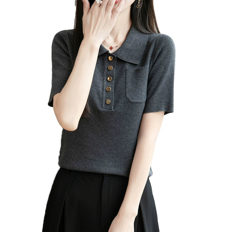 New Ice Silk Polo Collar Knitted Shirt Short Sleeve Women's T-shirt