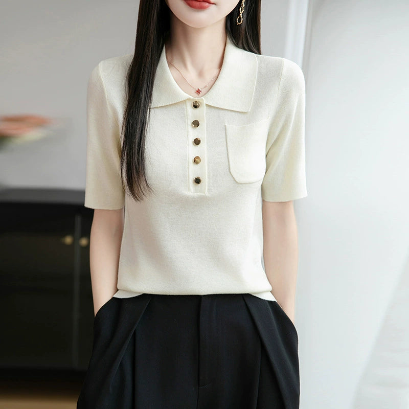 New Ice Silk Polo Collar Knitted Shirt Short Sleeve Women's T-shirt